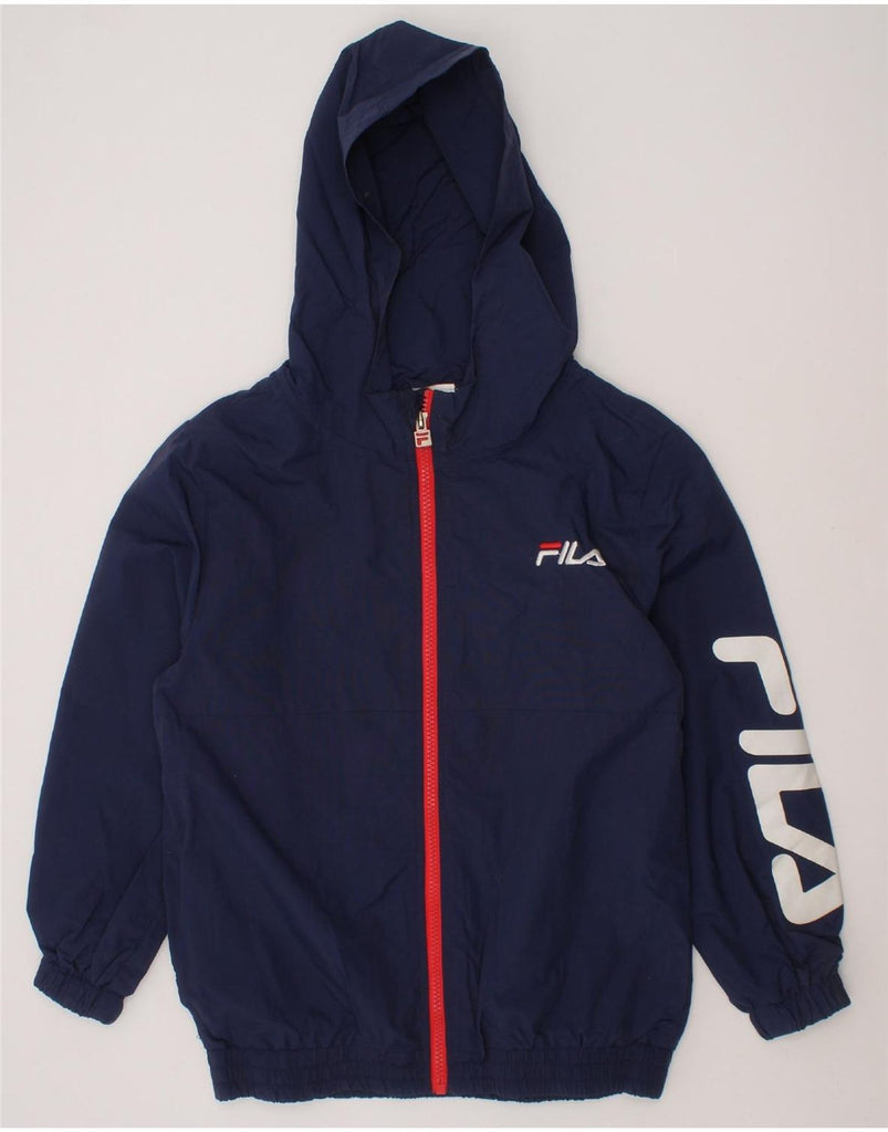 FILA Boys Graphic Hooded Tracksuit Top Jacket 7-8 Years Medium Navy Blue Vintage Fila and Second-Hand Fila from Messina Hembry 