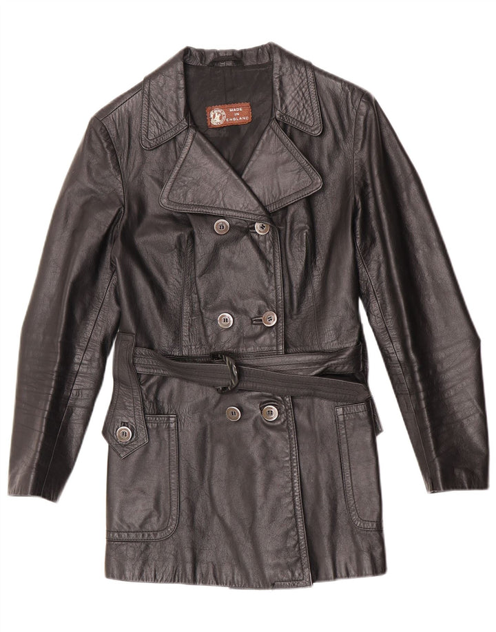 Vintage Womens Double Breasted Leather Jacket UK 10 Small Black Leather