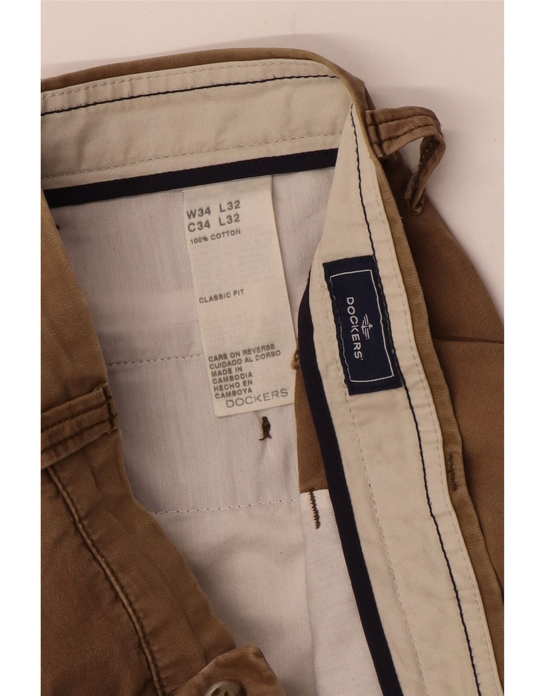 DOCKERS Mens Classic Fit Straight Chino Trousers W34 L32 Beige Cotton