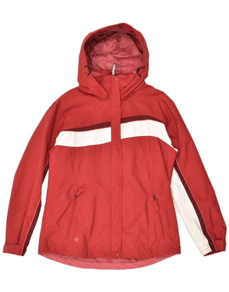 COLUMBIA Womens Hooded Windbreaker Jacket UK 14 Medium Red Colourblock | Vintage Columbia | Thrift | Second-Hand Columbia | Used Clothing | Messina Hembry 