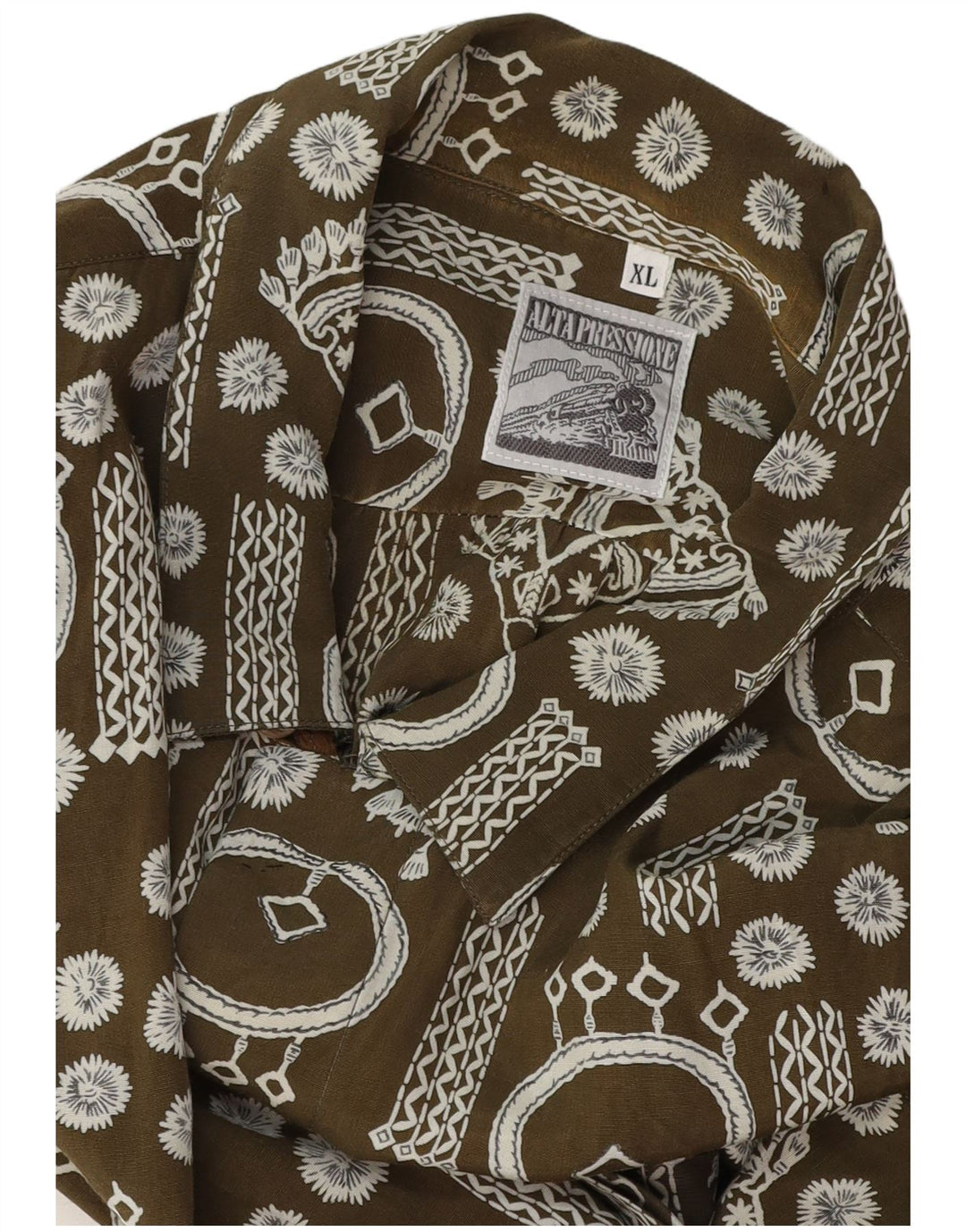 Vintage Mens Abstract Pattern Short Sleeve Shirt XL Khaki