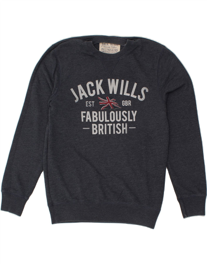 JACK WILLS Mens Graphic Sweatshirt Jumper Medium Navy Blue Cotton | Vintage Jack Wills | Thrift | Second-Hand Jack Wills | Used Clothing | Messina Hembry 