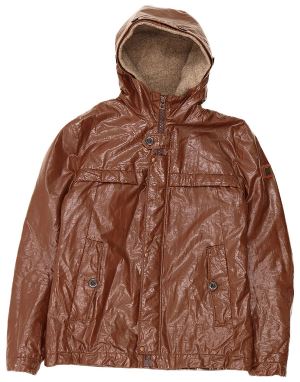 Hugo Boss Mens Hooded Faux Leather Jacket EU 52 XL Brown Linen