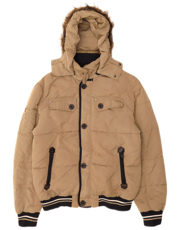 Zara Mens Hooded Padded Jacket UK 40 Large Beige Nylon