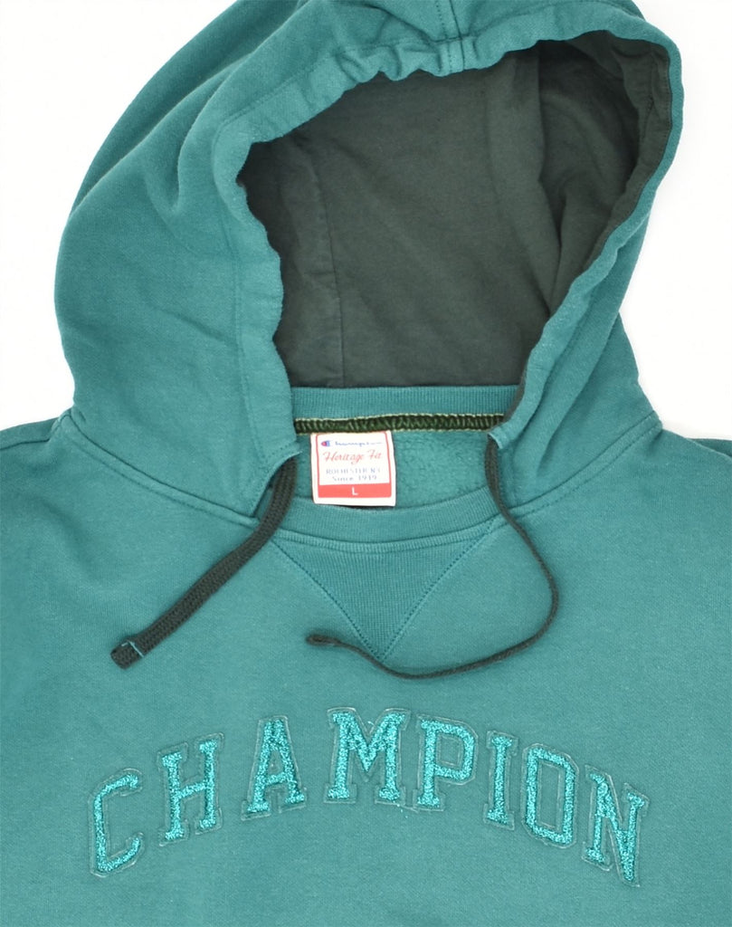 CHAMPION Womens Heritage Fit Graphic Hoodie Jumper UK 14 Large Green | Vintage Champion | Thrift | Second-Hand Champion | Used Clothing | Messina Hembry 