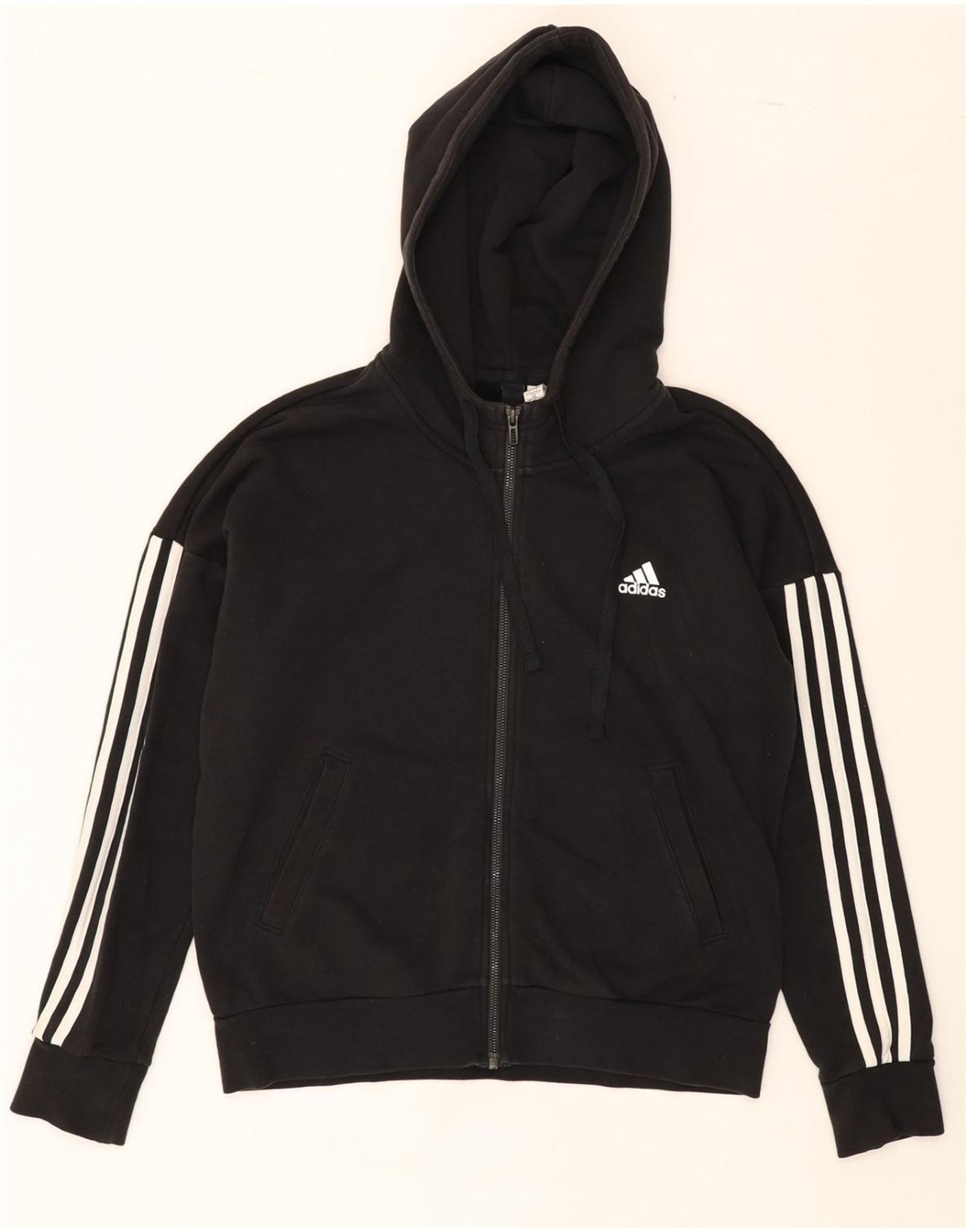 ADIDAS Womens Zip Hoodie Sweater UK 12/14 Medium Black Cotton