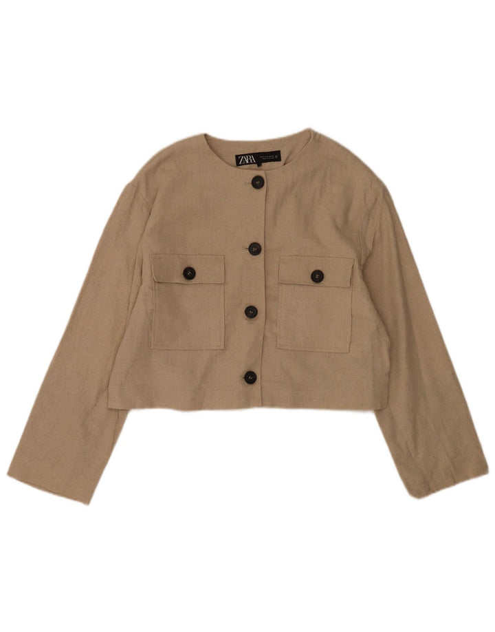Zara Womens Crop 4 Button Blazer Jacket UK 14 Medium Beige Polyester