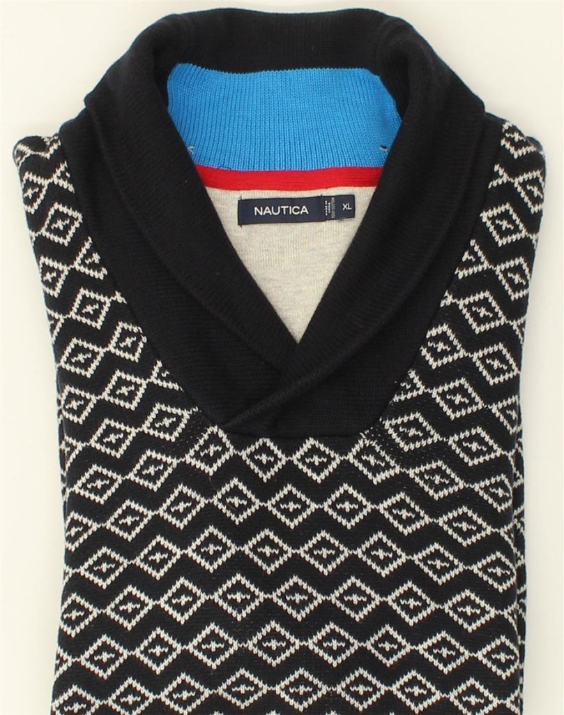 NAUTICA Mens Shawl Neck Jumper Sweater XL Navy Blue Geometric Cotton | Vintage Nautica | Thrift | Second-Hand Nautica | Used Clothing | Messina Hembry 