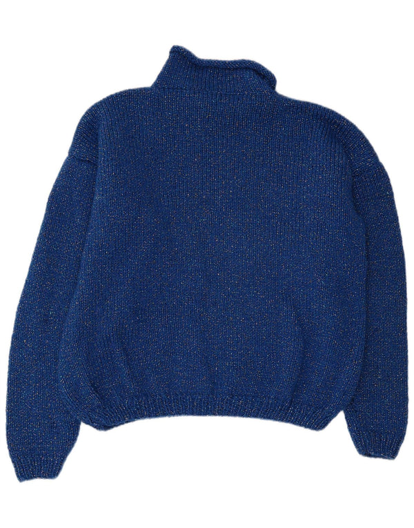 VINTAGE Womens Turtle Neck Jumper Sweater UK 14 Large Blue Colourblock