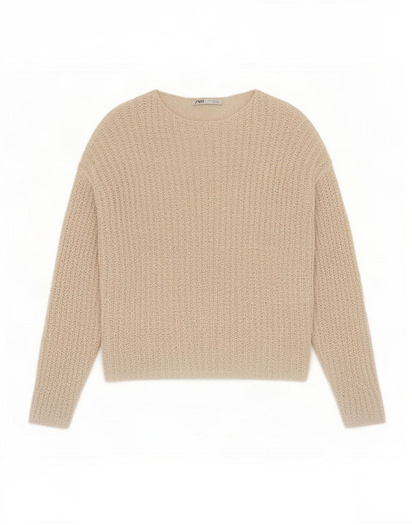 Zara Womens See Through Crochet Boat Neck Jumper Sweater UK 14 Medium Beige
