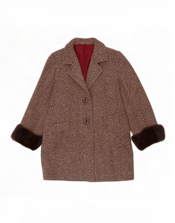 Vintage Womens Overcoat UK 12 Medium Brown Herringbone