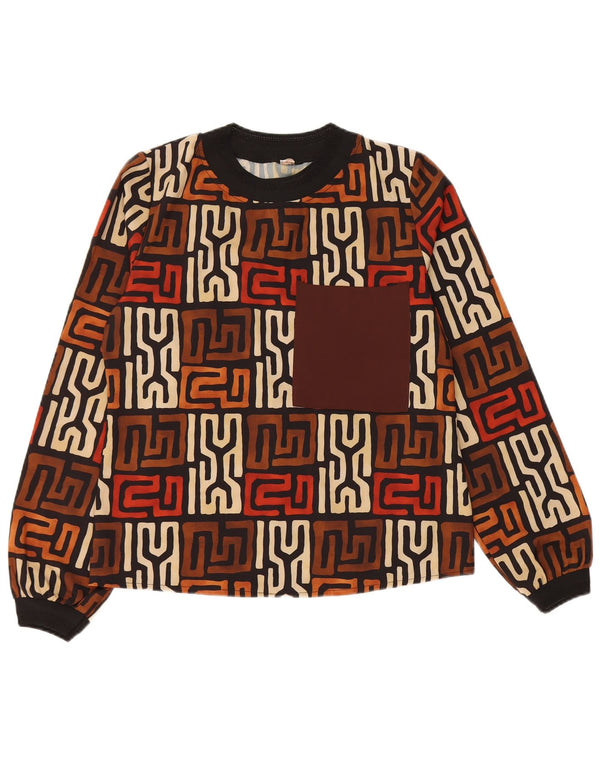 VINTAGE Womens Top Long Sleeve UK 12 Medium Brown Geometric