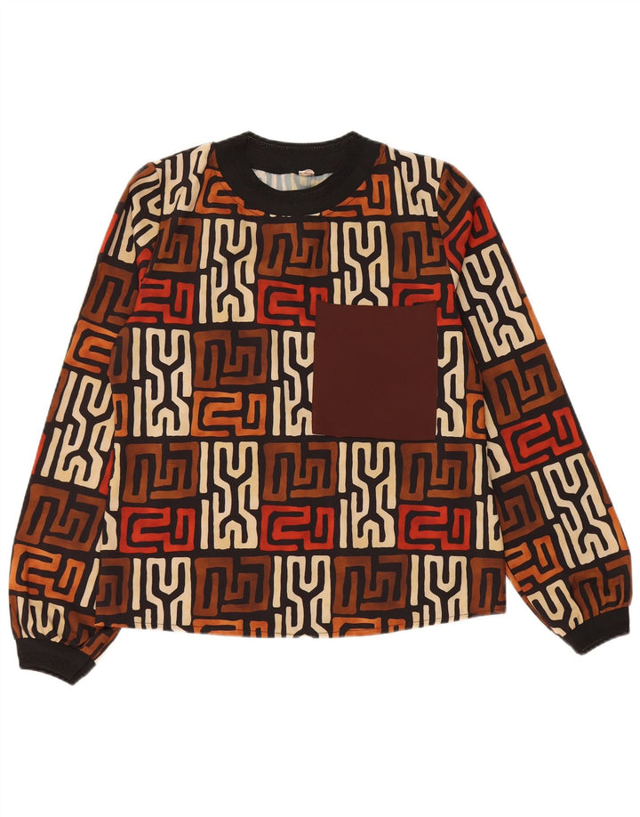 VINTAGE Womens Top Long Sleeve UK 12 Medium Brown Geometric