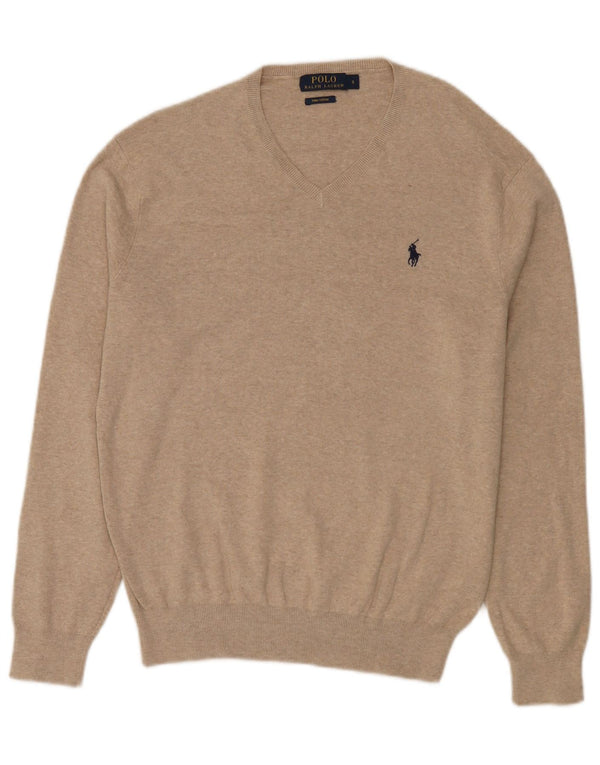 Polo Ralph Lauren Mens V-Neck Jumper Sweater Small Beige Cotton