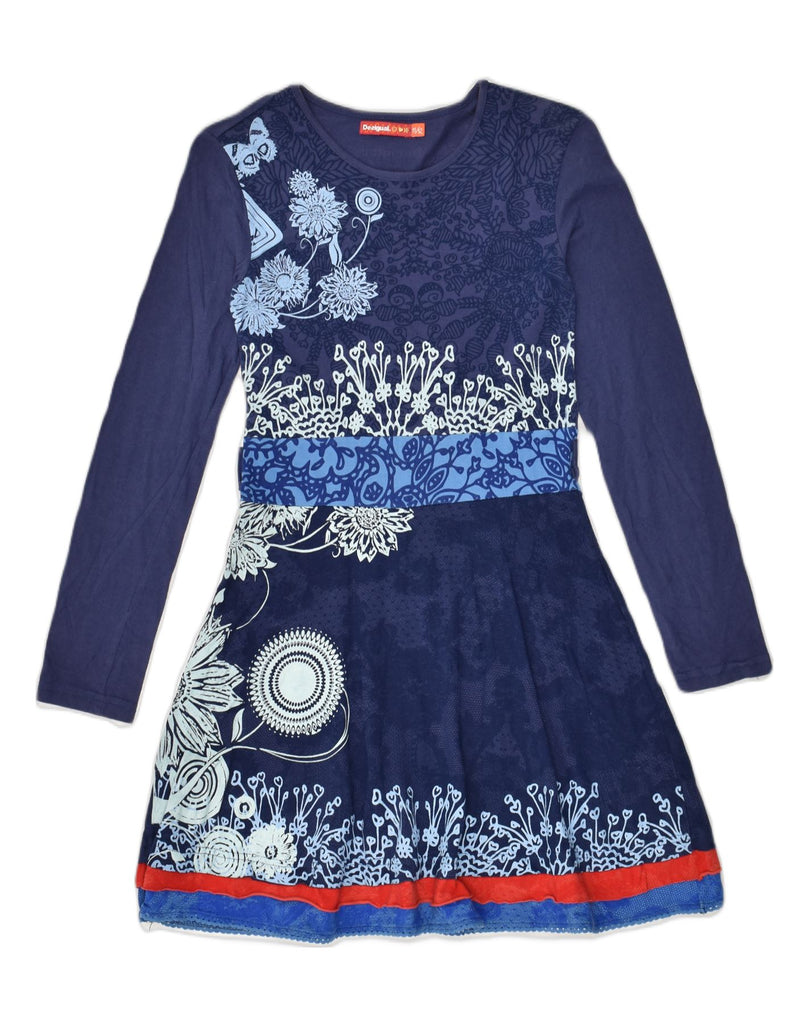 DESIGUAL Girls Long Sleeve A-Line Dress 11-12 Years Navy Blue Floral | Vintage Desigual | Thrift | Second-Hand Desigual | Used Clothing | Messina Hembry 