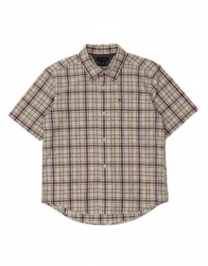 TOMMY HILFIGER Boys Short Sleeve Shirt 6-7 Years Small Grey Check Cotton