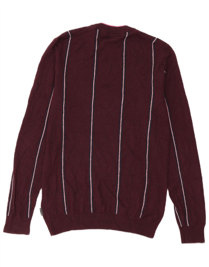 Ted Baker Mens Crew Neck Jumper Sweater Small Burgundy Striped Wool