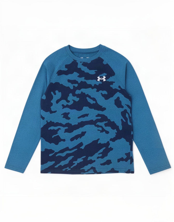 Under Armour Boys Top Long Sleeve 9-10 Years Medium Blue Camouflage