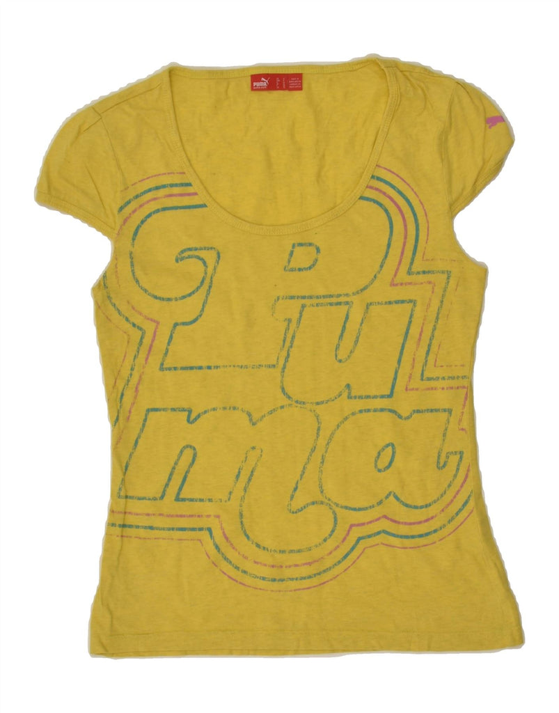 PUMA Womens Graphic T-Shirt Top UK 10 Small Yellow | Vintage Puma | Thrift | Second-Hand Puma | Used Clothing | Messina Hembry 