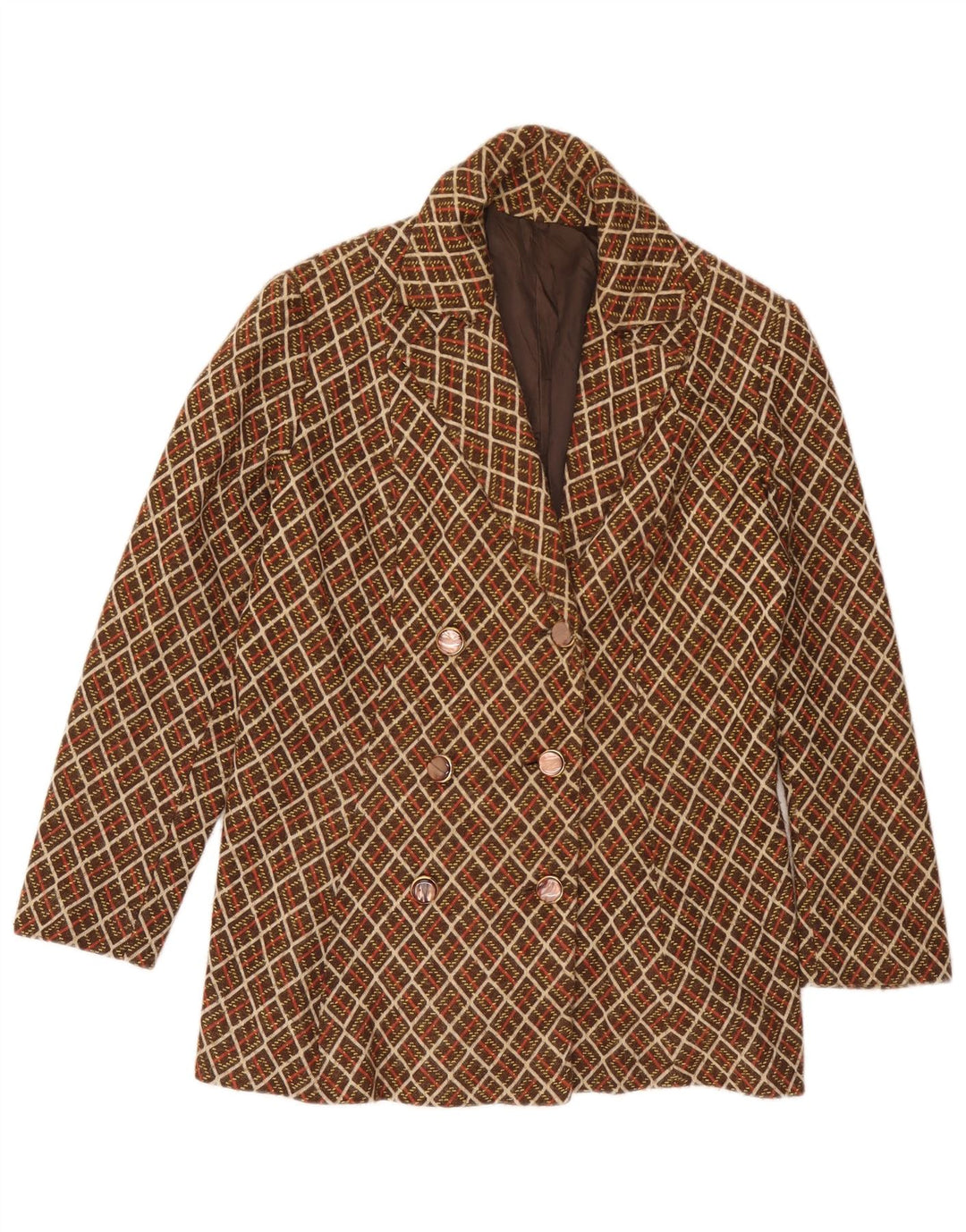 Vintage Womens Double Breasted Blazer Jacket UK 14 Medium Brown Geometric