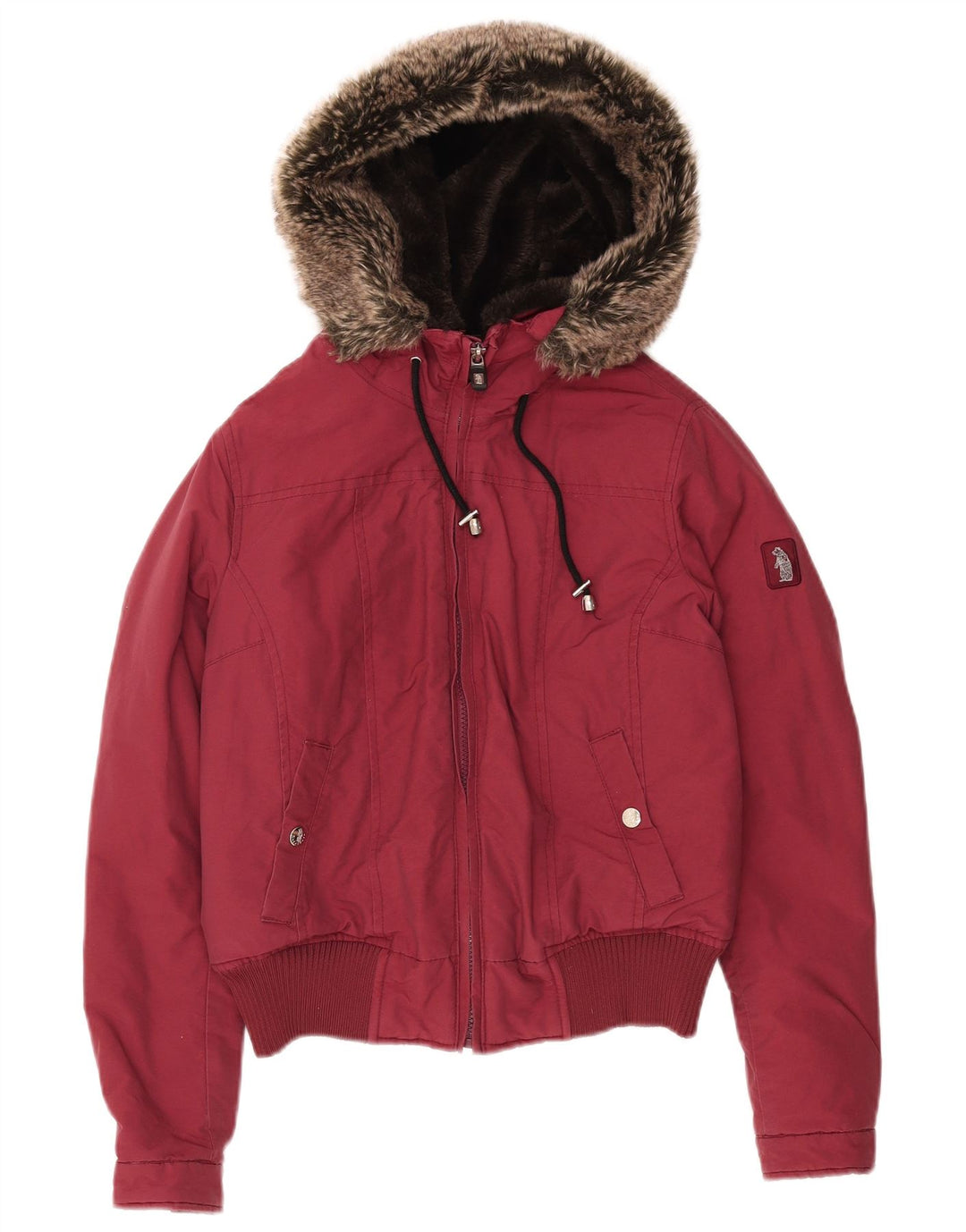 Refrigue Womens Hooded Padded Jacket UK 10 Small Burgundy Cotton