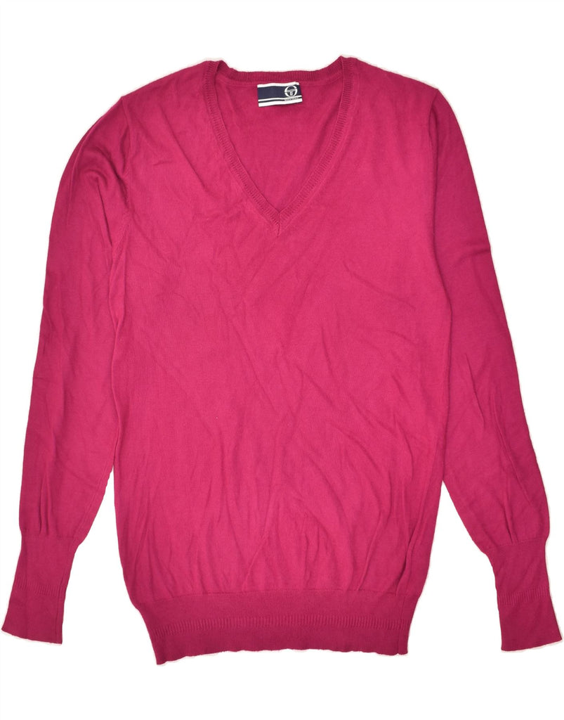 SERGIO TACCHINI Womens V-Neck Jumper Sweater IT 48 XL Pink Viscose | Vintage Sergio Tacchini | Thrift | Second-Hand Sergio Tacchini | Used Clothing | Messina Hembry 