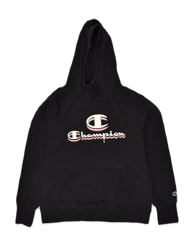 CHAMPION Womens Graphic Hoodie Jumper UK 10 Small Black Cotton | Vintage Champion | Thrift | Second-Hand Champion | Used Clothing | Messina Hembry 