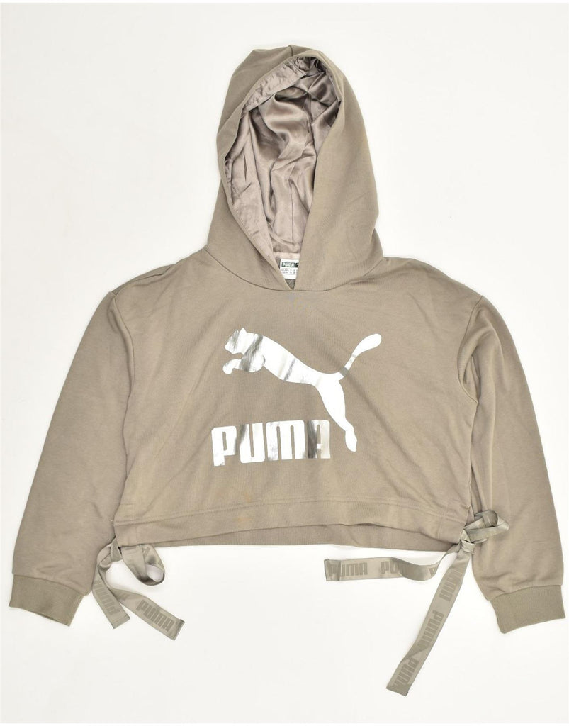 PUMA Womens Graphic Crop Hoodie Jumper UK 8 Small  Beige Cotton | Vintage Puma | Thrift | Second-Hand Puma | Used Clothing | Messina Hembry 