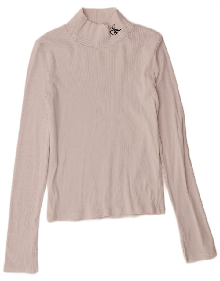 CALVIN KLEIN JEANS Womens Crop Top Long Sleeve UK 12 Medium White