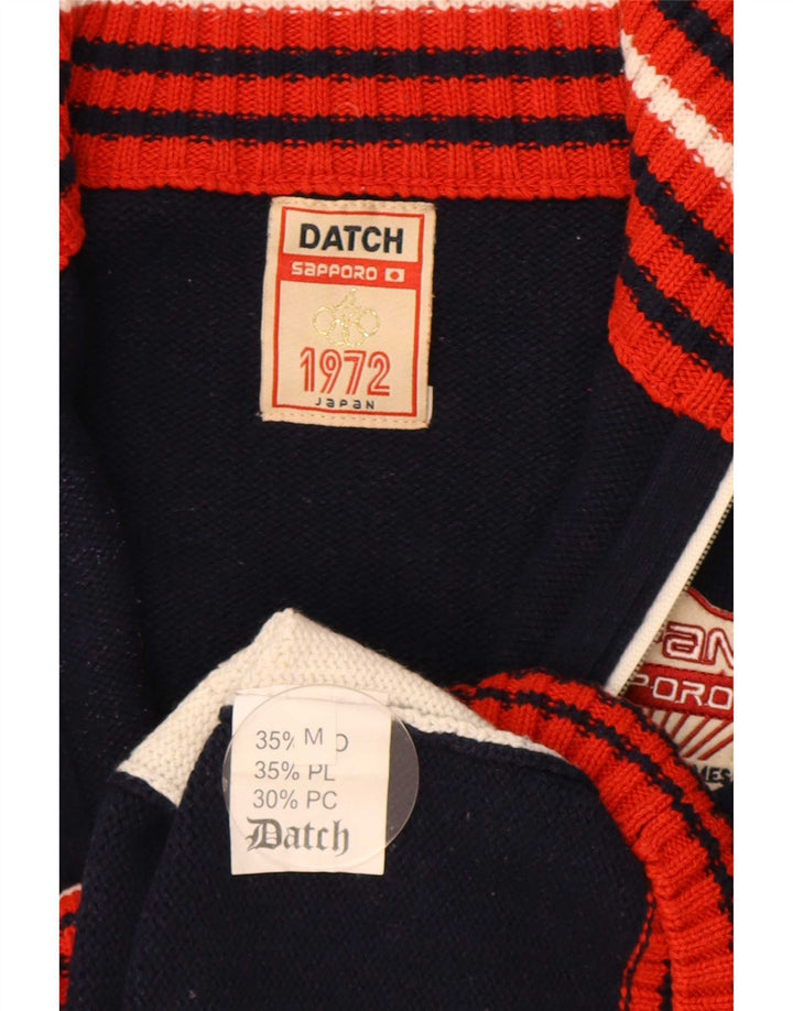 Datch Mens Graphic Cardigan Sweater UK 14 Medium Navy Blue Colourblock Wool