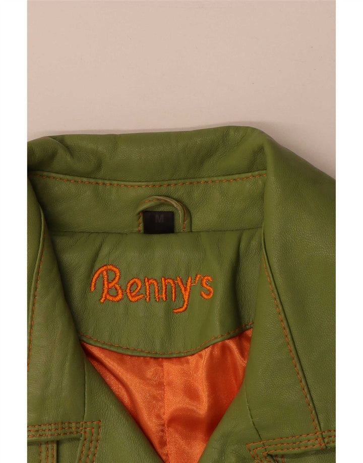 Benny's Womens Double Breasted Leather Coat UK 12 Medium Green Leather