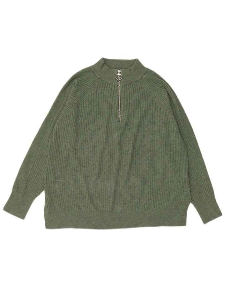 Marks & Spencer Womens Zip Neck Jumper Sweater UK 14 Medium Green Polyester