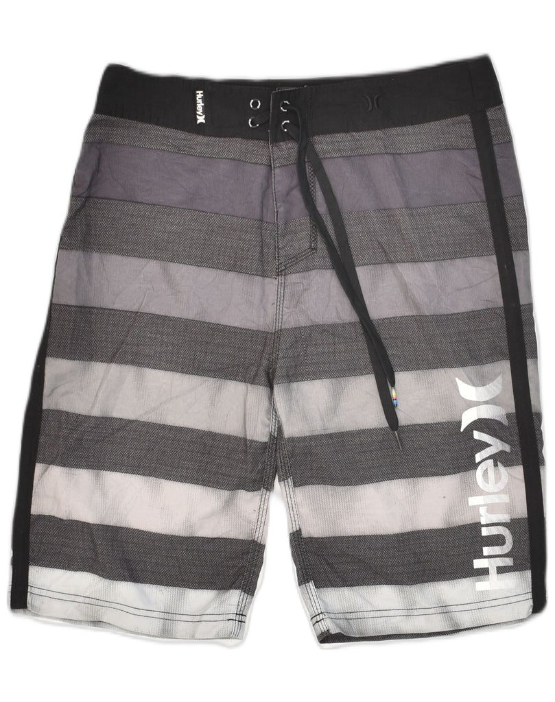 HURLEY Mens Graphic Swimming Shorts W28 Small Grey Striped Polyester | Vintage Hurley | Thrift | Second-Hand Hurley | Used Clothing | Messina Hembry 