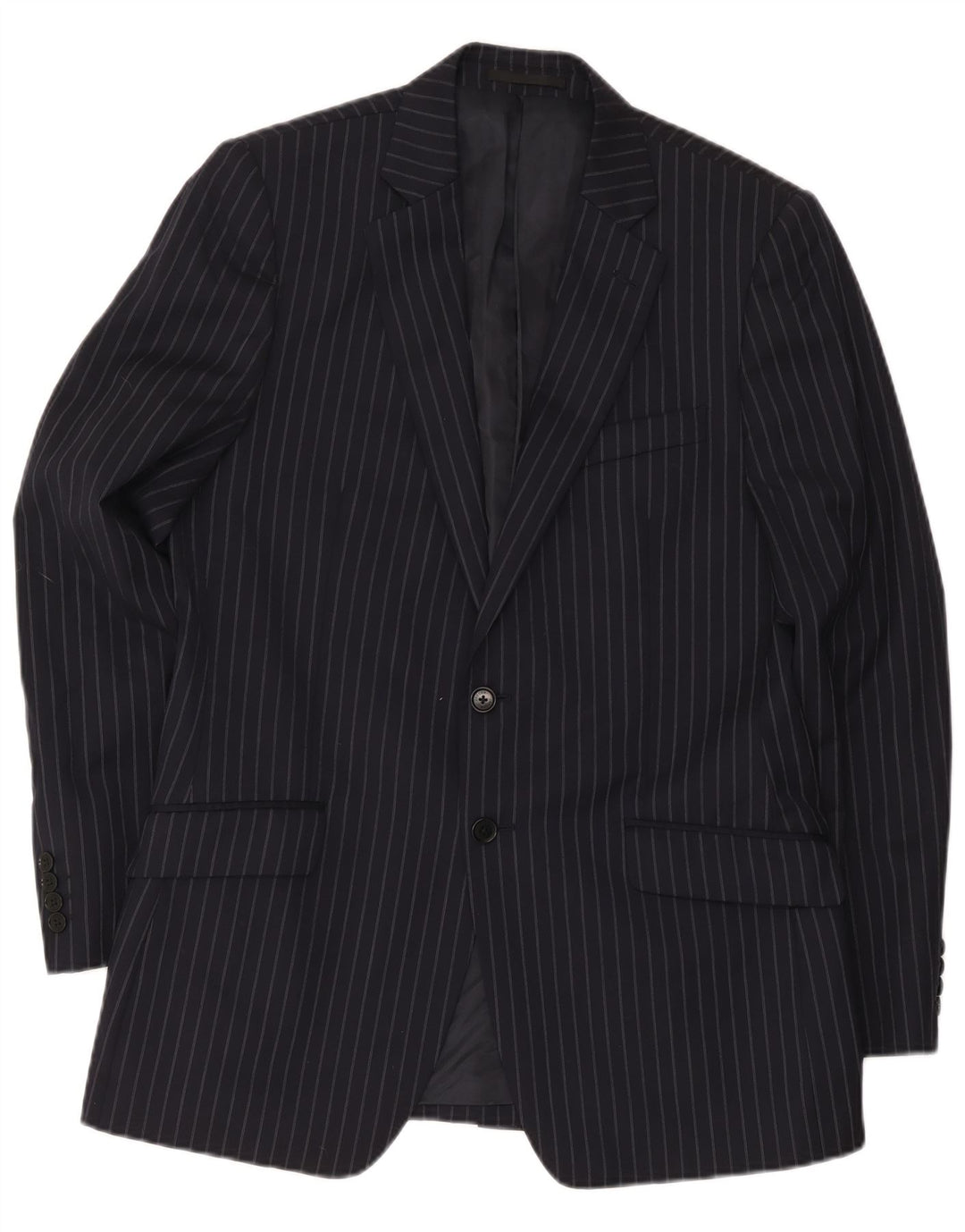 Jaeger Mens 2 Button Blazer Jacket UK 40 Large Navy Blue Pinstripe Wool