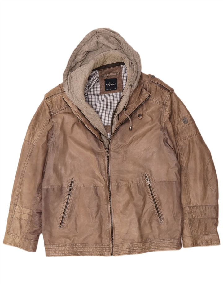 Engbers Mens Hooded Leather Jacket UK 40 Large Brown