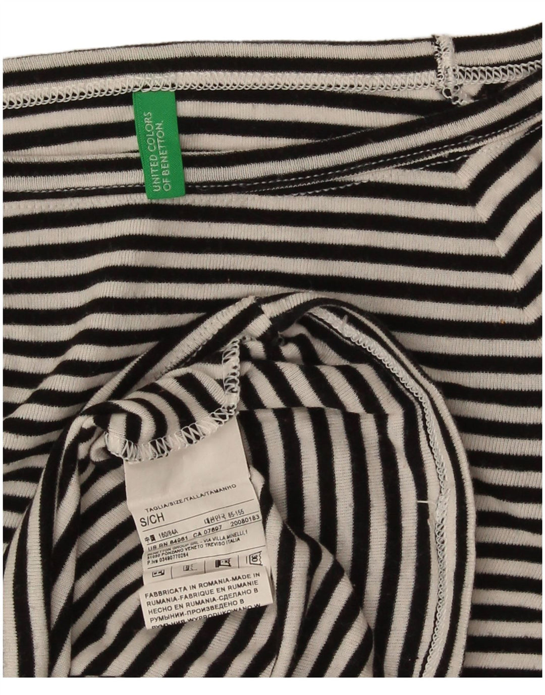 Benetton Womens Top 3/4 Sleeve UK 8 Small Black Striped Cotton