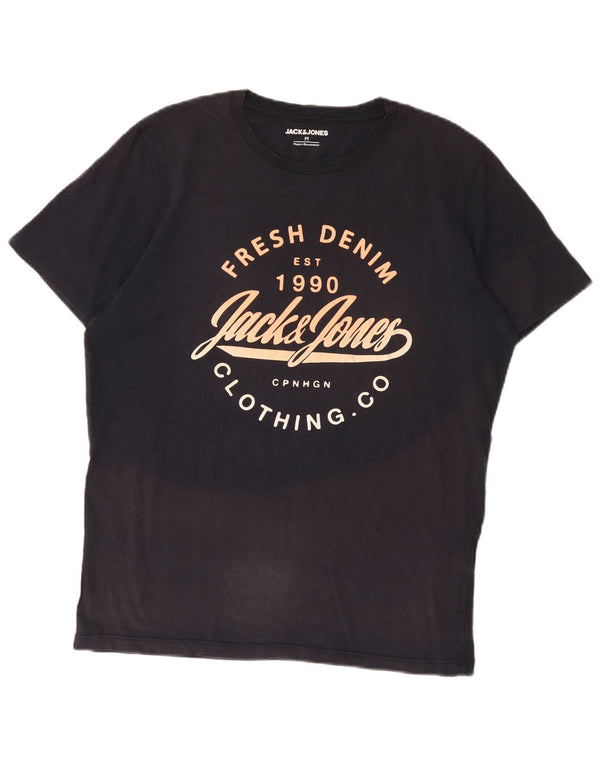 Jack & Jones Mens Graphic T-Shirt Top Medium Navy Blue Cotton