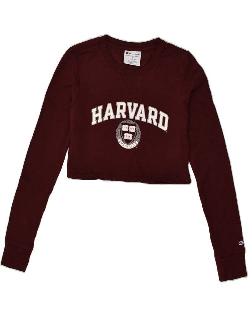 CHAMPION Womens Harvard Crop Sweatshirt Jumper UK 10 Small Maroon | Vintage Champion | Thrift | Second-Hand Champion | Used Clothing | Messina Hembry 