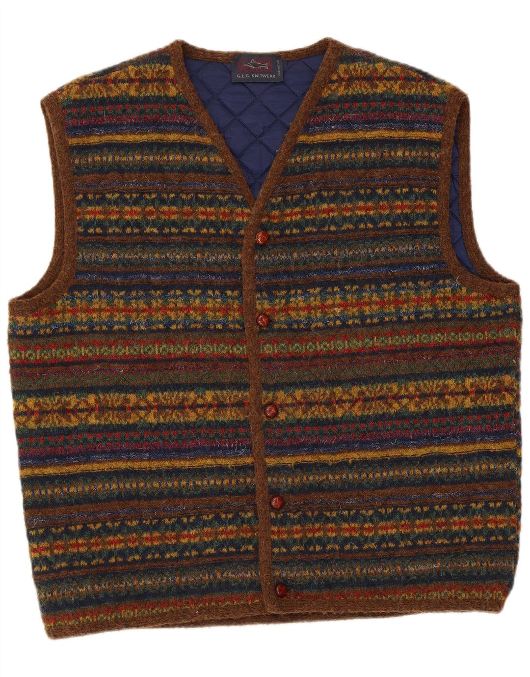 Vintage Mens Sleeveless Cardigan Sweater Large Multicoloured Striped Wool