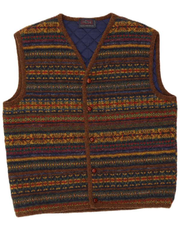 Vintage Mens Sleeveless Cardigan Sweater Large Multicoloured Striped Wool
