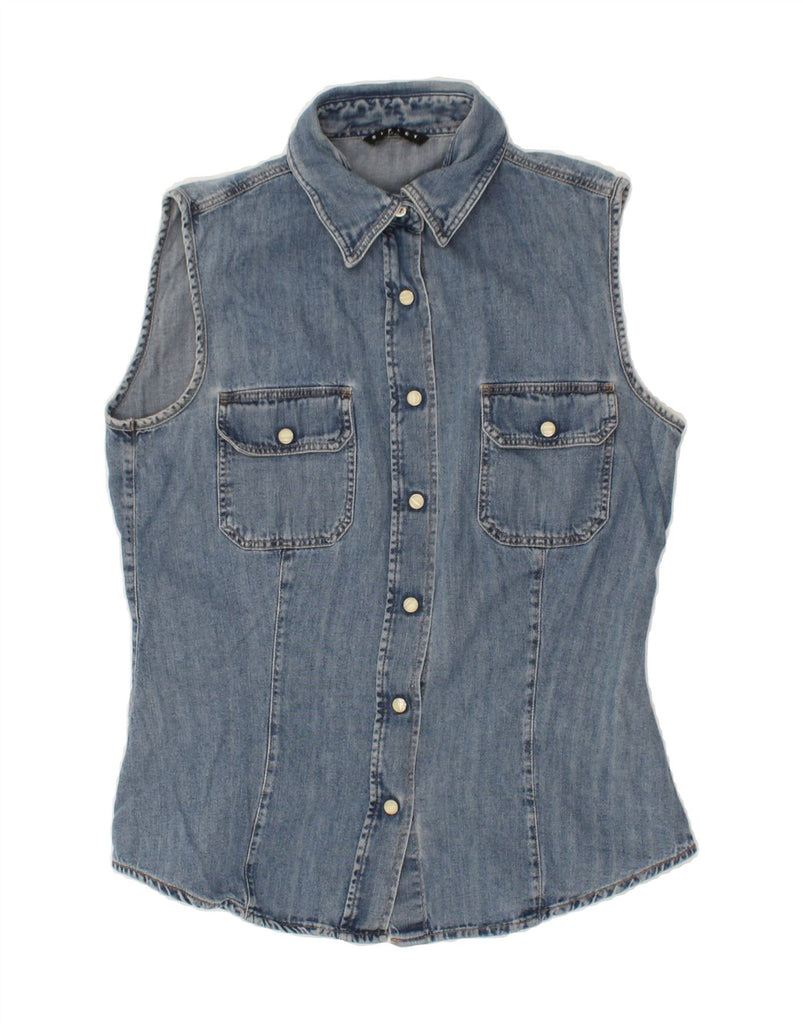 SISLEY Womens Sleeveless Denim Shirt UK 10 Small Blue | Vintage Sisley | Thrift | Second-Hand Sisley | Used Clothing | Messina Hembry 