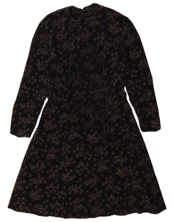 Vintage Womens Long Sleeve Velvet A-Line Dress UK 12 Medium Black Geometric
