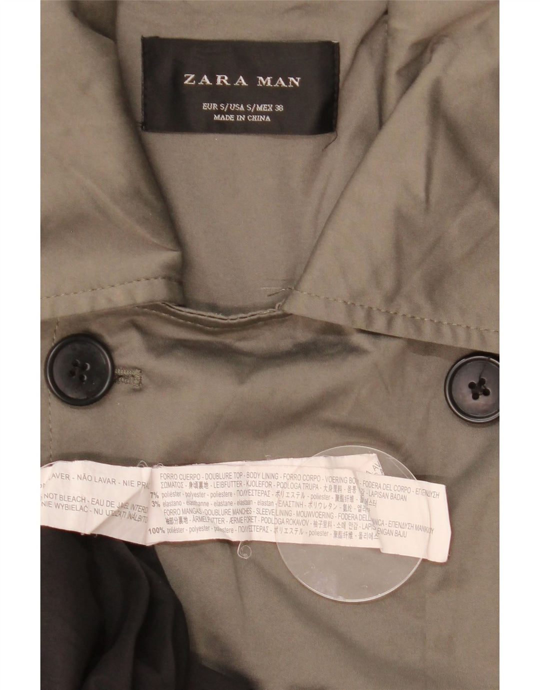 Zara Mens Trench Coat UK 36 Small Khaki Polyester
