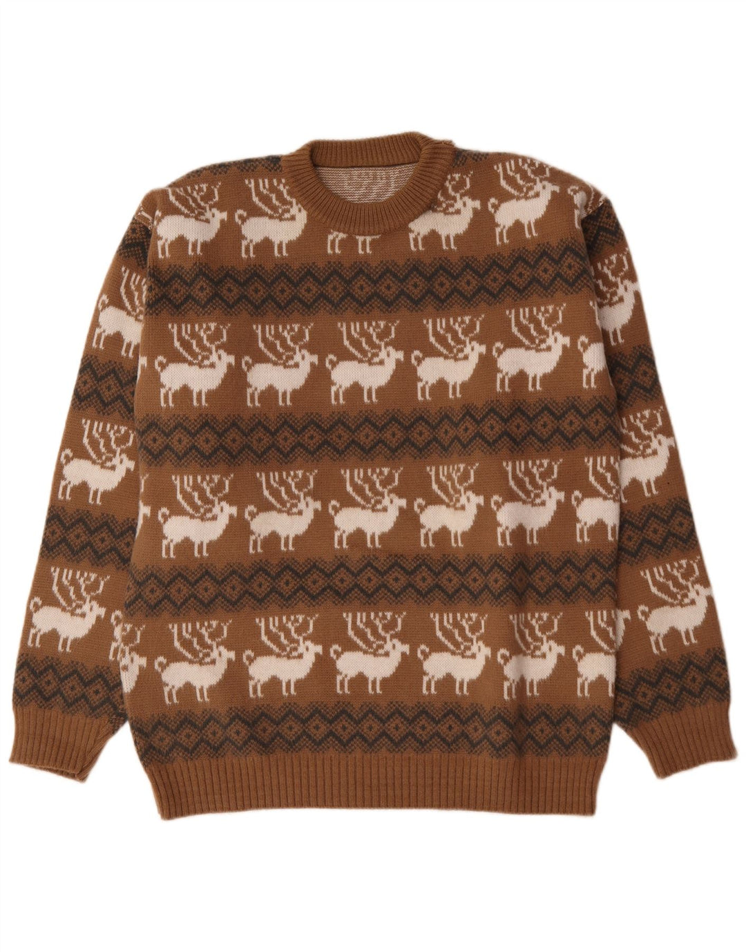 Vintage Mens Crew Neck Jumper Sweater Large Brown Fair Isle