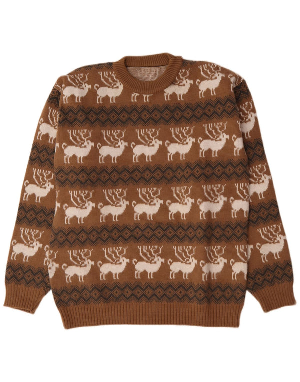 Vintage Mens Crew Neck Jumper Sweater Large Brown Fair Isle