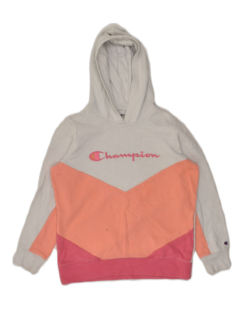 CHAMPION Girls Hoodie Jumper 12-13 Years XL Grey Colourblock Cotton | Vintage Champion | Thrift | Second-Hand Champion | Used Clothing | Messina Hembry 