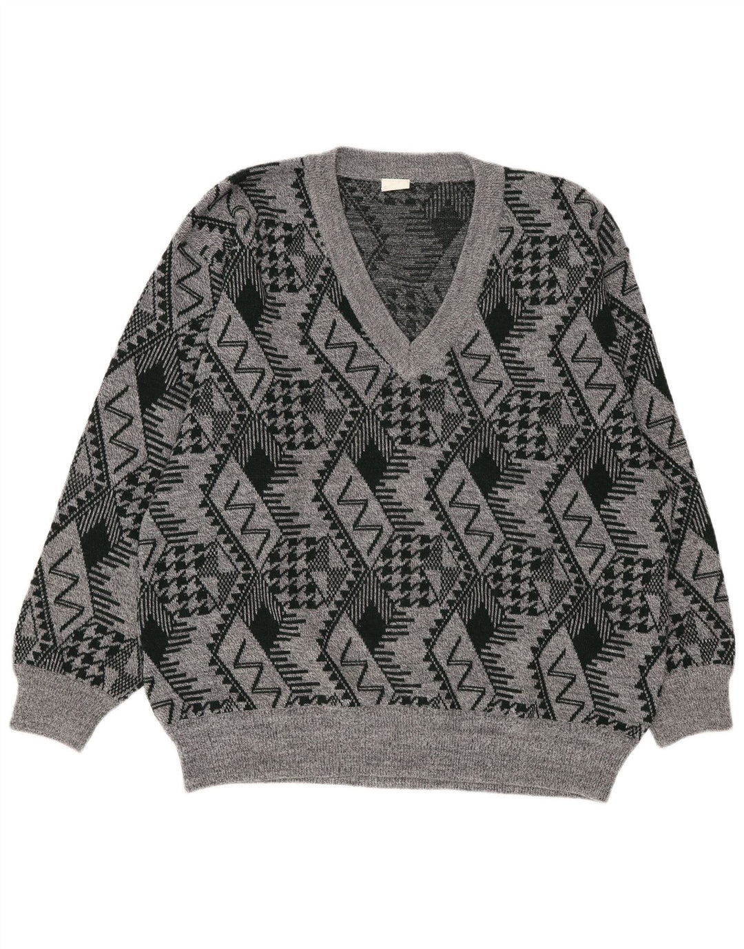 Vintage Mens V-Neck Jumper Sweater XL Grey Geometric