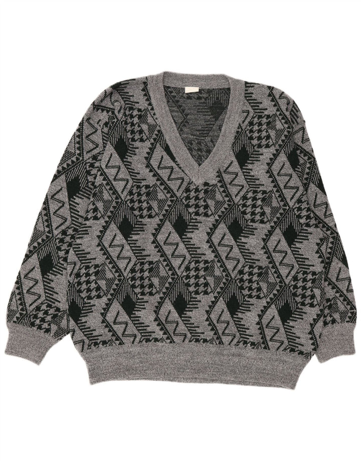 Vintage Mens V-Neck Jumper Sweater XL Grey Geometric