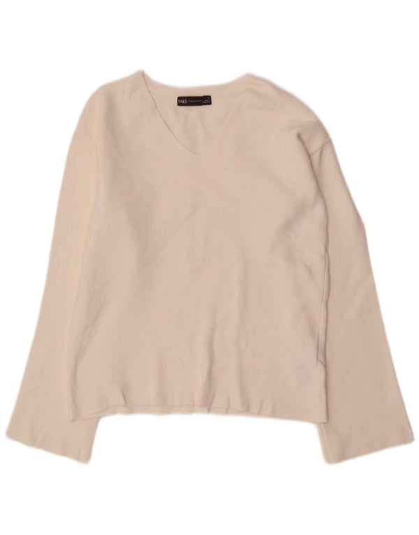 Marks & Spencer Womens V-Neck Jumper Sweater UK 10 Small Off White Cotton