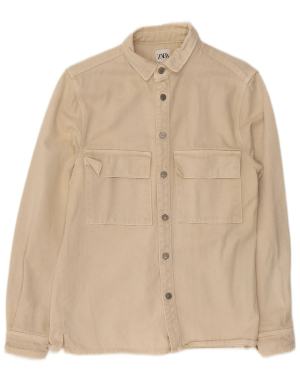 Zara Mens Denim Shirt Small Beige Cotton